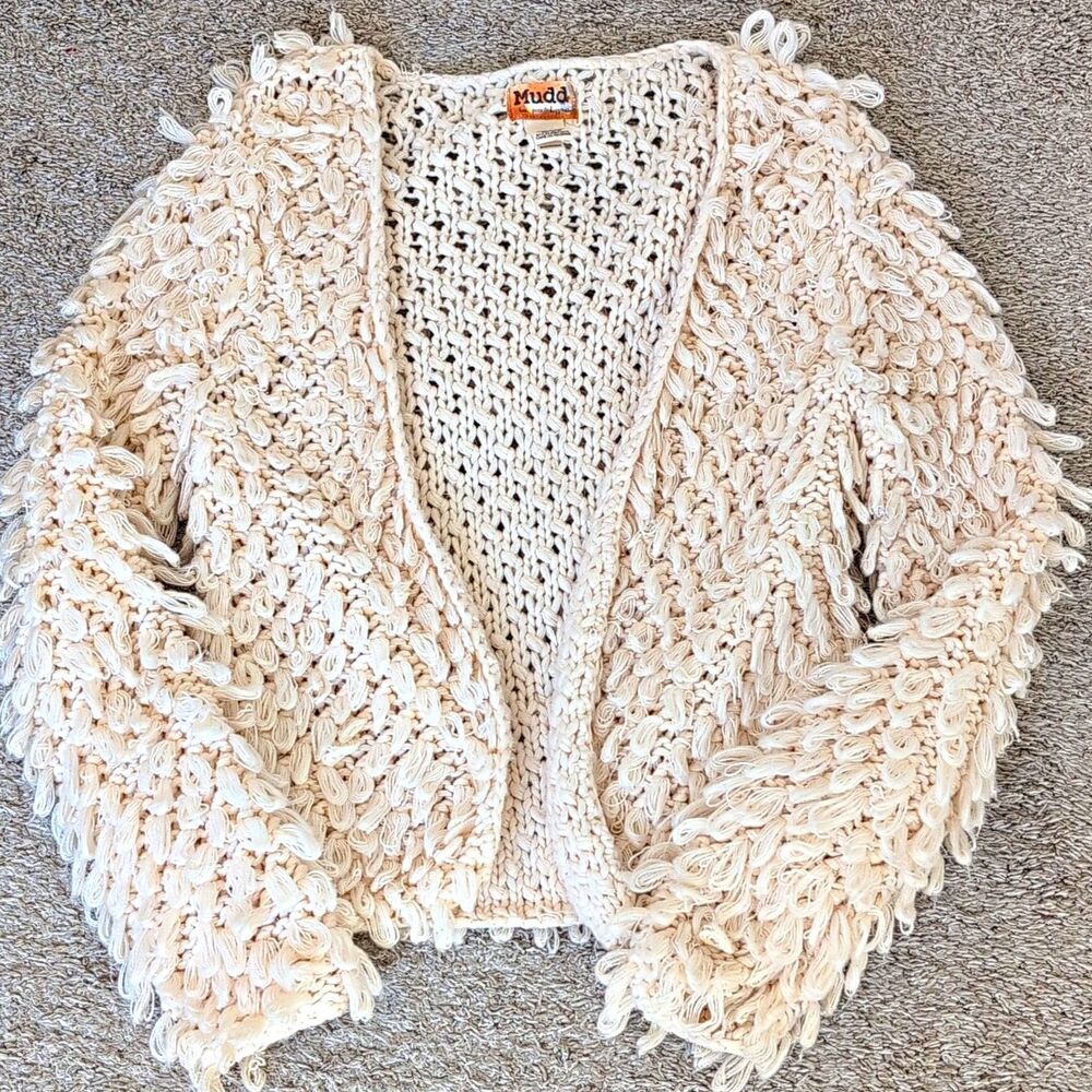 Vintage Mudd Shaggy Fringe Cardigan Sweater Cream Beige Open Front Small